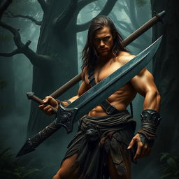 A young muscular warrior inspired by Conan the Barbarian, set in a dark, mysterious forest