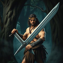 A young muscular warrior inspired by Conan the Barbarian, set in a dark, mysterious forest