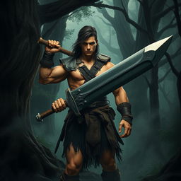 A young muscular warrior inspired by Conan the Barbarian, set in a dark, mysterious forest