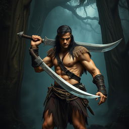 A young muscular warrior inspired by Conan the Barbarian, set in a dark, mysterious forest