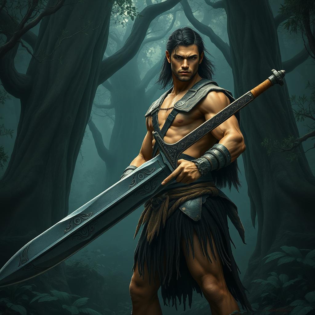 A young muscular warrior inspired by Conan the Barbarian, set in a dark, mysterious forest