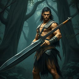 A young muscular warrior inspired by Conan the Barbarian, set in a dark, mysterious forest