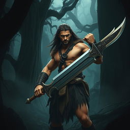 A young muscular warrior inspired by Conan the Barbarian, set in a dark, mysterious forest