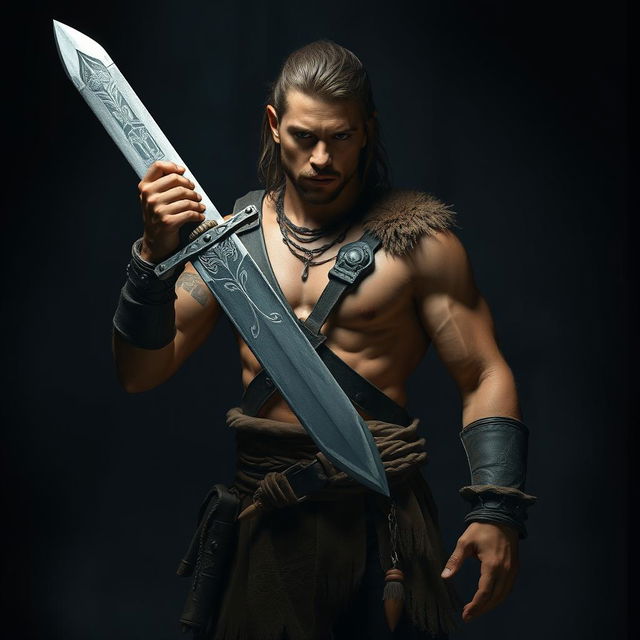 A young muscular warrior inspired by Conan the Barbarian, standing in a dimly lit environment