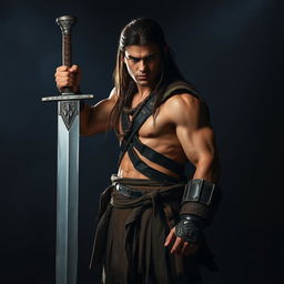 A young muscular warrior inspired by Conan the Barbarian, standing in a dimly lit environment