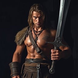 A young muscular warrior inspired by Conan the Barbarian, standing in a dimly lit environment