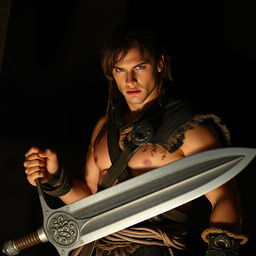 A young muscular warrior inspired by Conan the Barbarian, standing in a dimly lit environment