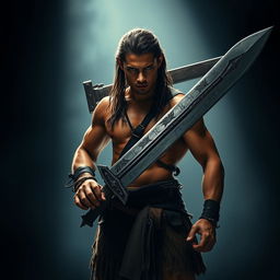 A young muscular warrior inspired by Conan the Barbarian, standing in a dimly lit environment