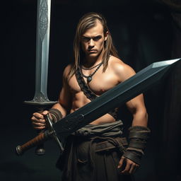 A young muscular warrior inspired by Conan the Barbarian, standing in a dimly lit environment