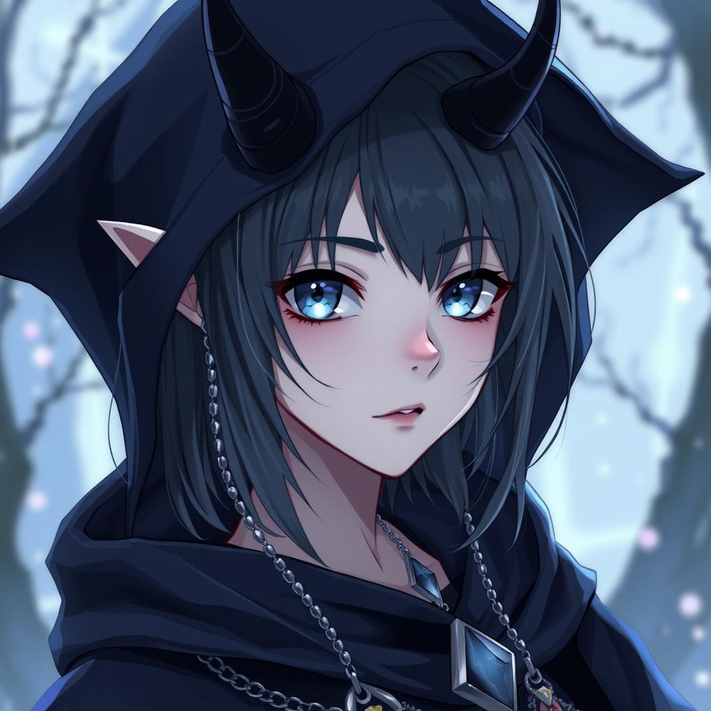 An anime-style teenage female Tiefling with pale grey skin and narrow ice-blue eyes, featuring shoulder-length black hair adorned with thin silver chains and jewels