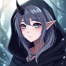 An anime-style teenage female Tiefling with pale grey skin and narrow ice-blue eyes, featuring shoulder-length black hair adorned with thin silver chains and jewels