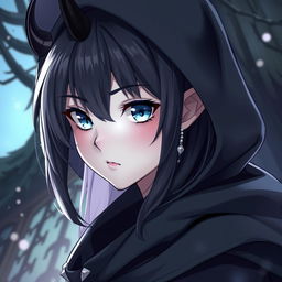 An anime-style teenage female Tiefling with pale grey skin and narrow ice-blue eyes, featuring shoulder-length black hair adorned with thin silver chains and jewels