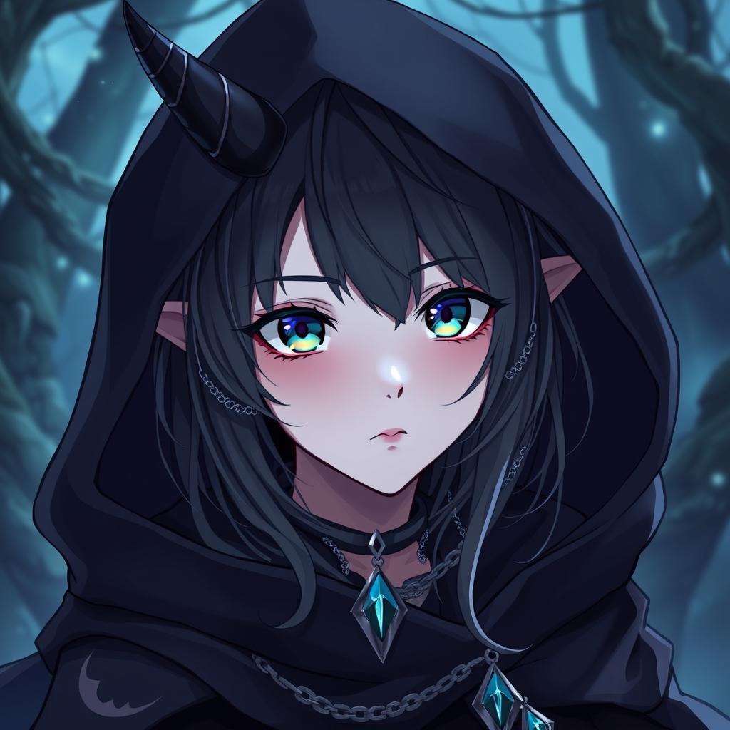 An anime-style teenage female Tiefling with pale grey skin and narrow ice-blue eyes, featuring shoulder-length black hair adorned with thin silver chains and jewels