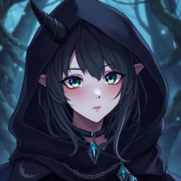 An anime-style teenage female Tiefling with pale grey skin and narrow ice-blue eyes, featuring shoulder-length black hair adorned with thin silver chains and jewels