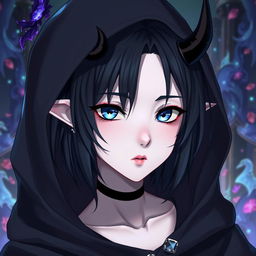 A teenage female Tiefling with pale grey skin and narrow ice-blue eyes, portrayed in anime style