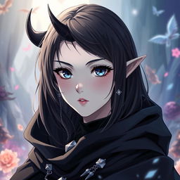 A teenage female Tiefling with pale grey skin and narrow ice-blue eyes, portrayed in anime style