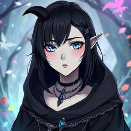 A teenage female Tiefling with pale grey skin and narrow ice-blue eyes, portrayed in anime style