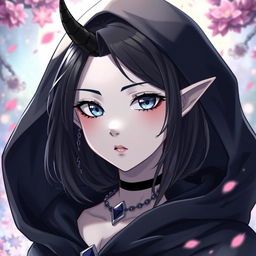 A teenage female Tiefling with pale grey skin and narrow ice-blue eyes, portrayed in anime style