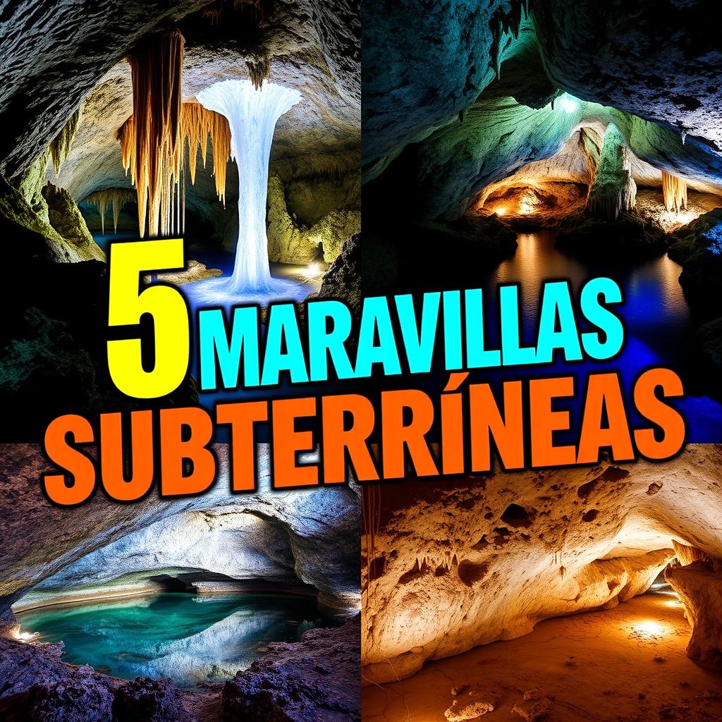 A vibrant and eye-catching YouTube thumbnail for a video titled "5 MARAVILLAS SUBTERRÁNEAS 🌍 Que Tienes Que Ver Para Creer 😲✨"