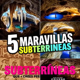 A vibrant and eye-catching YouTube thumbnail for a video titled "5 MARAVILLAS SUBTERRÁNEAS 🌍 Que Tienes Que Ver Para Creer 😲✨"