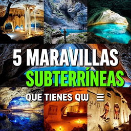 A vibrant and eye-catching YouTube thumbnail for a video titled "5 MARAVILLAS SUBTERRÁNEAS 🌍 Que Tienes Que Ver Para Creer 😲✨"