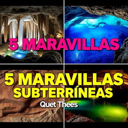 A vibrant and eye-catching YouTube thumbnail for a video titled "5 MARAVILLAS SUBTERRÁNEAS 🌍 Que Tienes Que Ver Para Creer 😲✨"