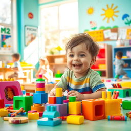 A cheerful and vibrant scene depicting a young child playing in a colorful kindergarten classroom