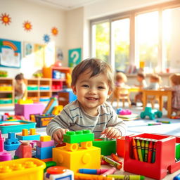 A cheerful and vibrant scene depicting a young child playing in a colorful kindergarten classroom