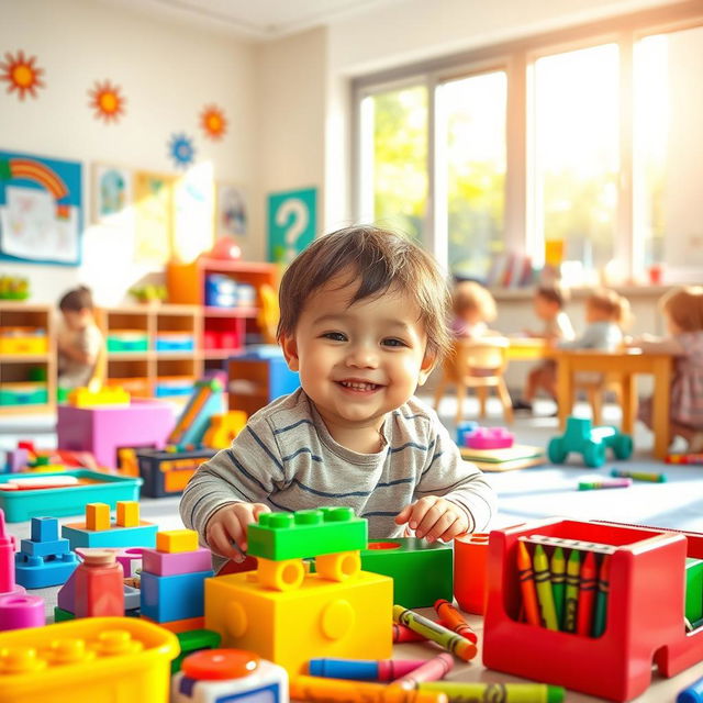 A cheerful and vibrant scene depicting a young child playing in a colorful kindergarten classroom