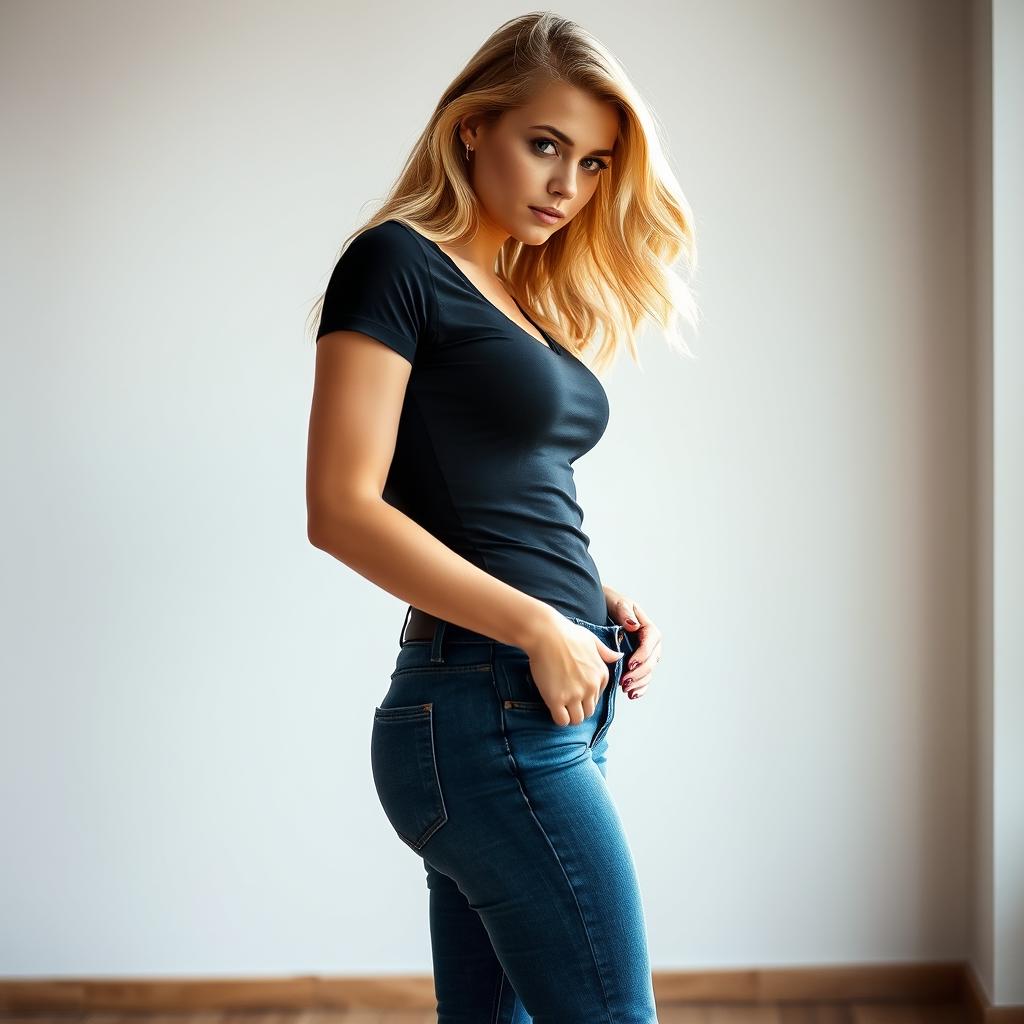 A sexy blonde woman wearing tight blue jeans that accentuate her curves and a tight black tee shirt