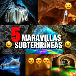 A vibrant and enticing YouTube thumbnail for a video titled "🌍5 MARAVILLAS SUBTERRÁNEAS 😲✨"