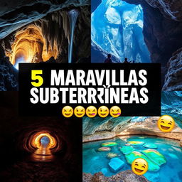 A vibrant and enticing YouTube thumbnail for a video titled "🌍5 MARAVILLAS SUBTERRÁNEAS 😲✨"