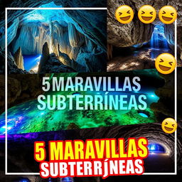 A vibrant and enticing YouTube thumbnail for a video titled "🌍5 MARAVILLAS SUBTERRÁNEAS 😲✨"