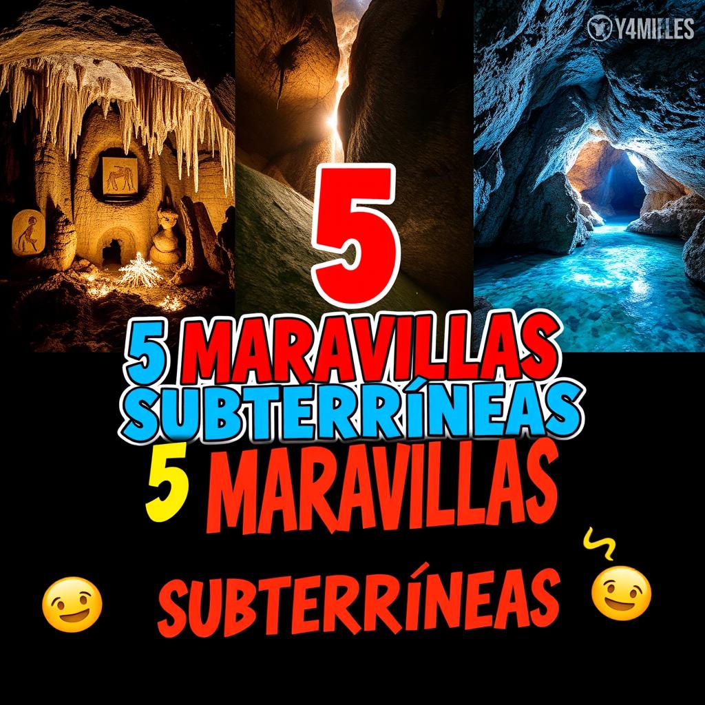 An eye-catching YouTube thumbnail for a video titled "🌍5 MARAVILLAS SUBTERRÁNEAS 😲✨"