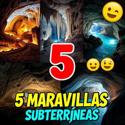 An eye-catching YouTube thumbnail for a video titled "🌍5 MARAVILLAS SUBTERRÁNEAS 😲✨"