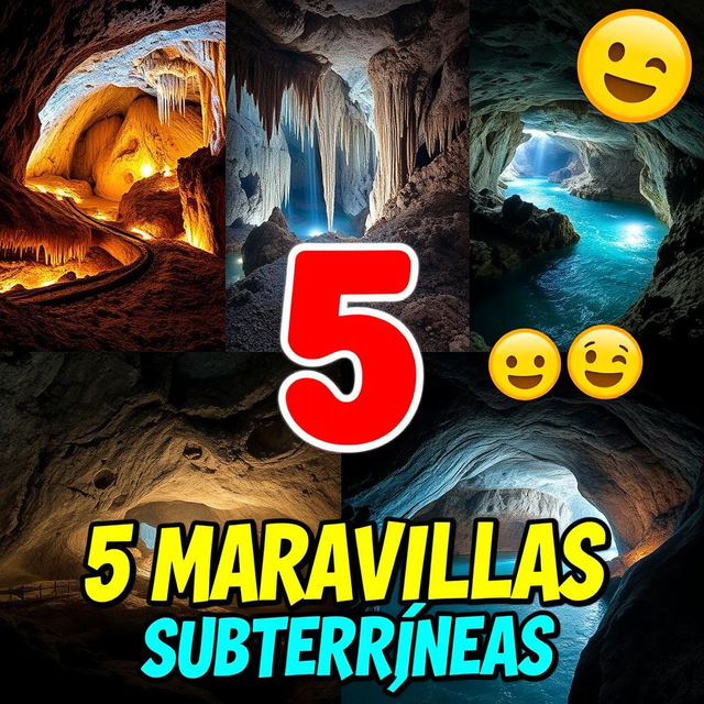 An eye-catching YouTube thumbnail for a video titled "🌍5 MARAVILLAS SUBTERRÁNEAS 😲✨"