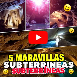 An eye-catching YouTube thumbnail for a video titled "🌍5 MARAVILLAS SUBTERRÁNEAS 😲✨"