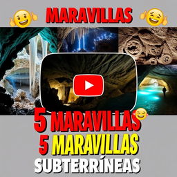 An eye-catching YouTube thumbnail for a video titled "🌍5 MARAVILLAS SUBTERRÁNEAS 😲✨"