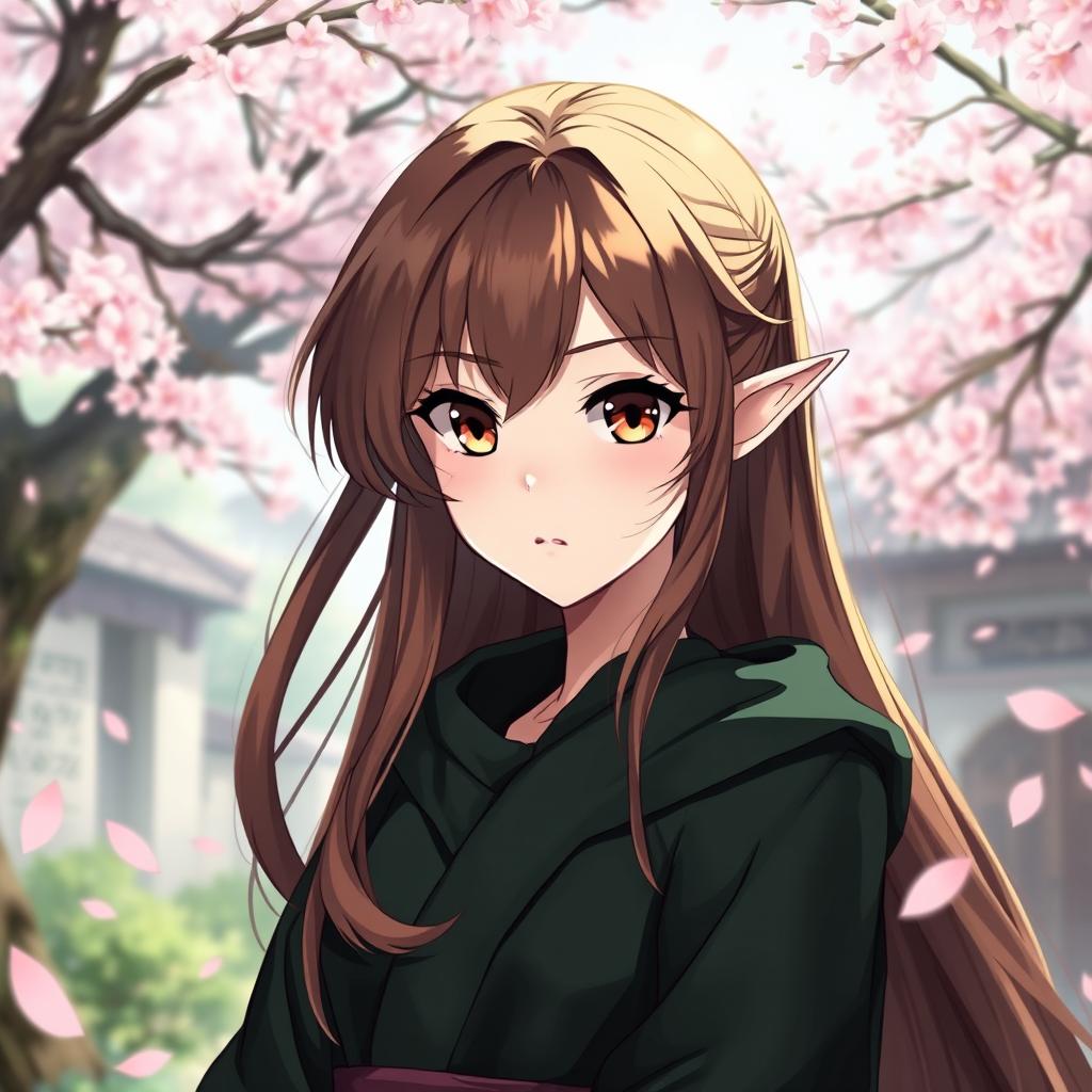 An anime-style illustration of a striking half-elf with pale skin and flowing long brown hair, featuring large and expressive amber eyes