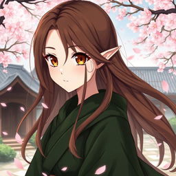 An anime-style illustration of a striking half-elf with pale skin and flowing long brown hair, featuring large and expressive amber eyes