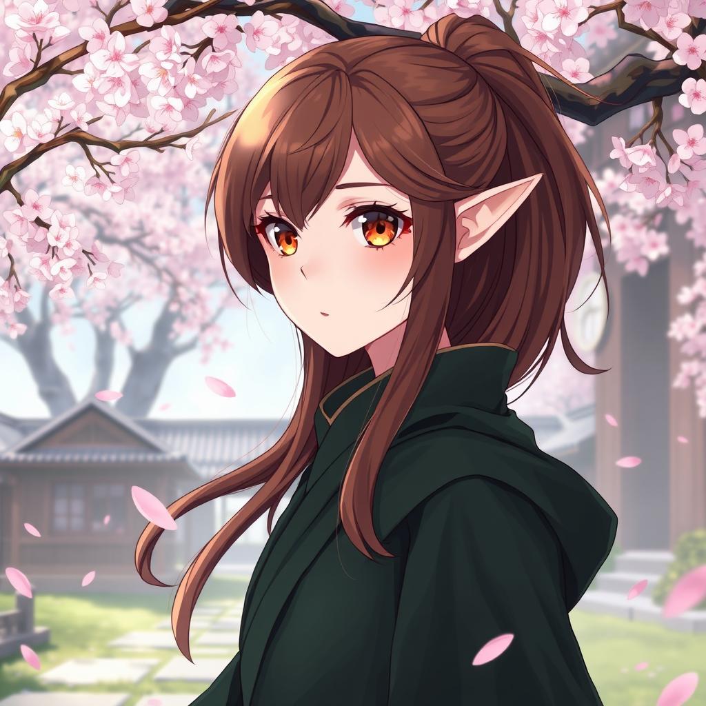 An anime-style illustration of a striking half-elf with pale skin and flowing long brown hair, featuring large and expressive amber eyes