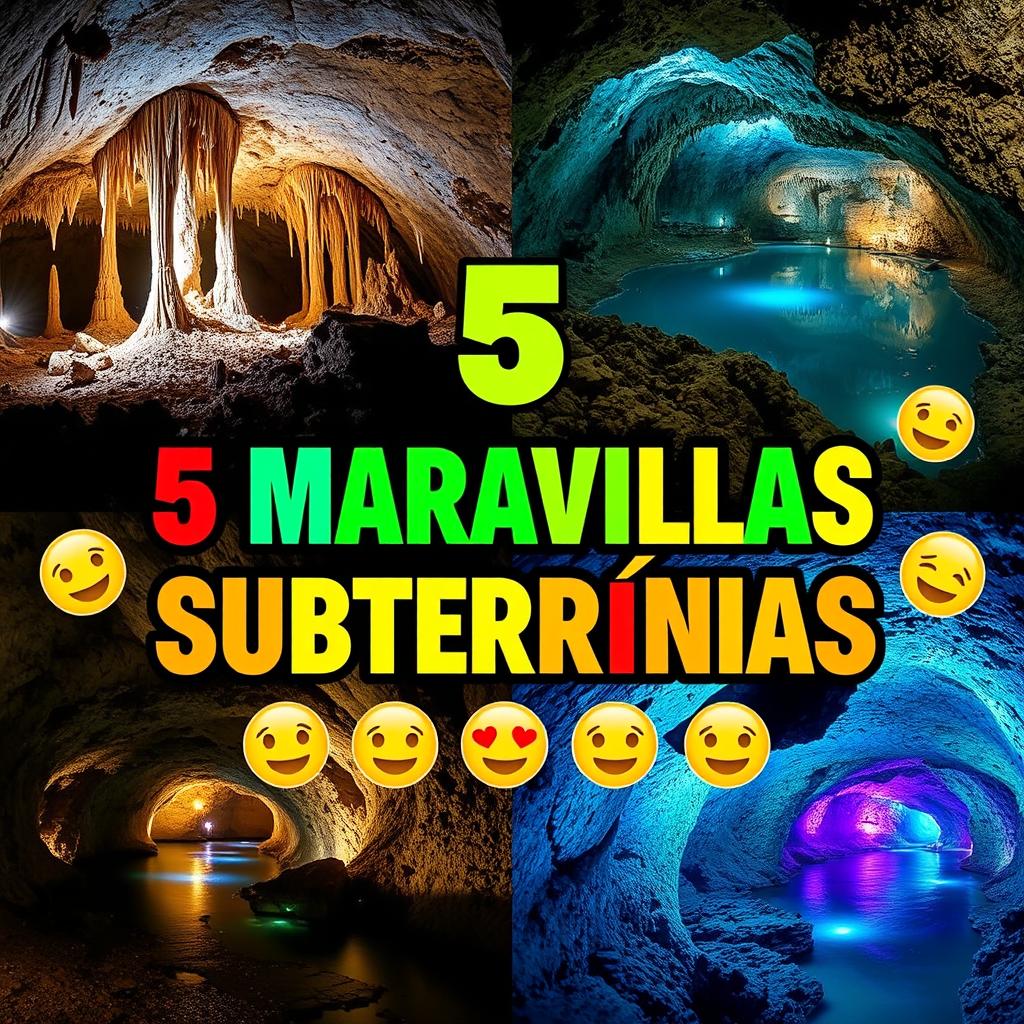 A captivating YouTube thumbnail for a video titled "🌍5 MARAVILLAS SUBTERRÁNEAS 😲✨"