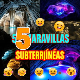 A captivating YouTube thumbnail for a video titled "🌍5 MARAVILLAS SUBTERRÁNEAS 😲✨"