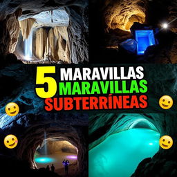 A captivating YouTube thumbnail for a video titled "🌍5 MARAVILLAS SUBTERRÁNEAS 😲✨"