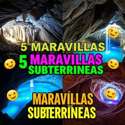 A captivating YouTube thumbnail for a video titled "🌍5 MARAVILLAS SUBTERRÁNEAS 😲✨"