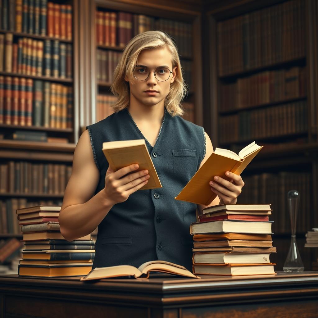 A studious young man wearing a dark waistcoat, with long blond hair and tanned skin, is holding a book in one hand and round reading glasses in the other