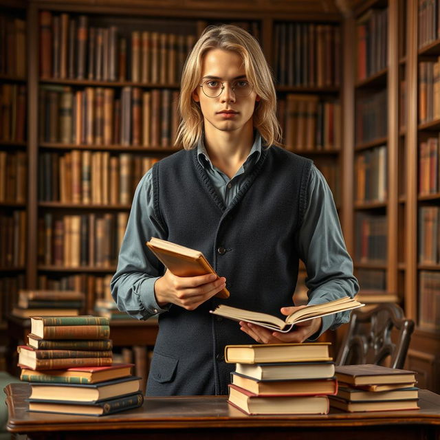 A studious young man wearing a dark waistcoat, with long blond hair and tanned skin, is holding a book in one hand and round reading glasses in the other