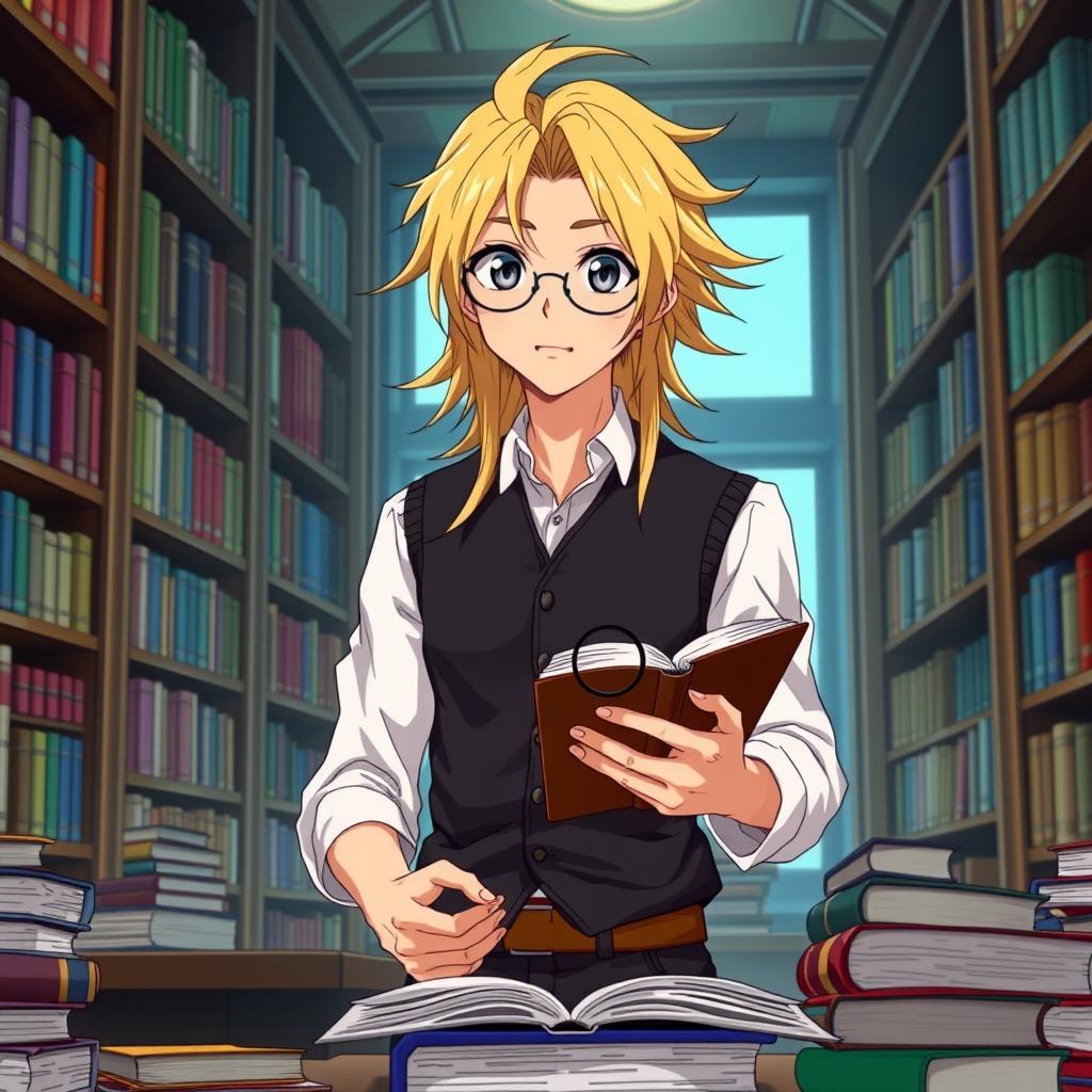 In an anime style, a studious young man with long blond hair and tan skin is depicted wearing a dark waistcoat