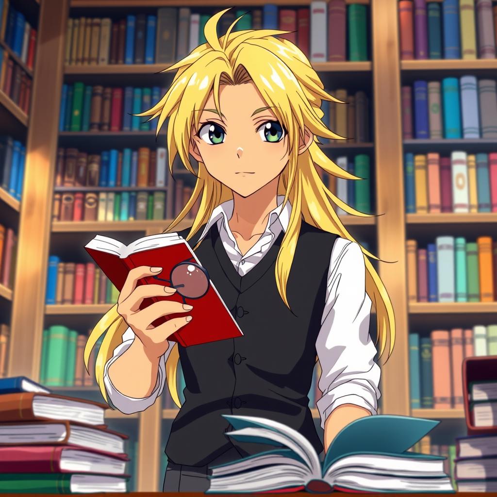 In an anime style, a studious young man with long blond hair and tan skin is depicted wearing a dark waistcoat