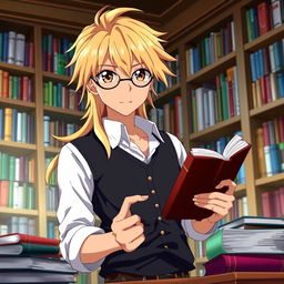 In an anime style, a studious young man with long blond hair and tan skin is depicted wearing a dark waistcoat